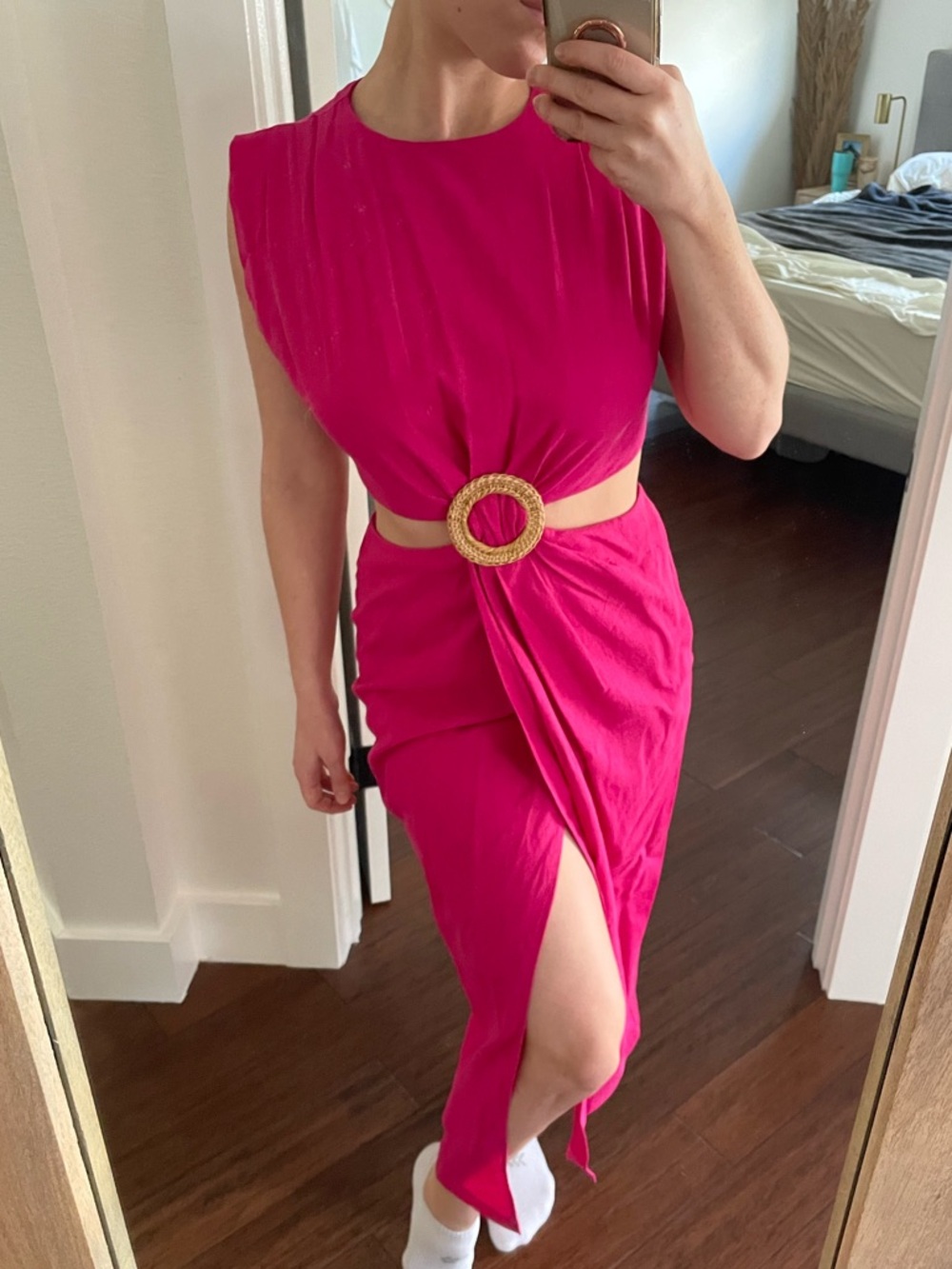 Zara Fuchsia Cutout Midi Dress with Gold Ring Detail